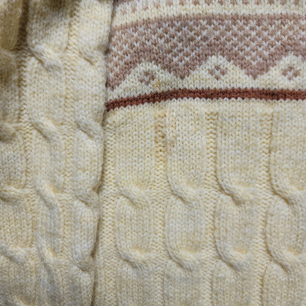 Vintage Lord Jeff Mens Large Mock Neck Cable Knit Fair Isle Sweater Cream Brown - Picture 5 of 7